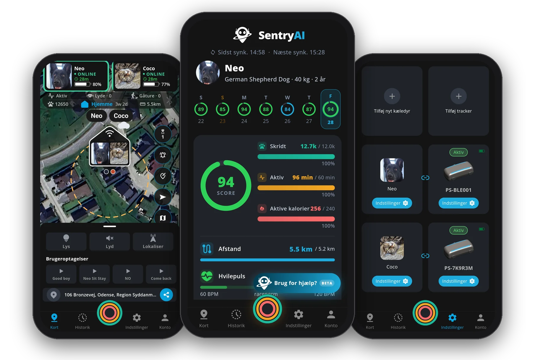 PawSentry-mobilapp, livekort, sundhedsindsigt og indstillinger