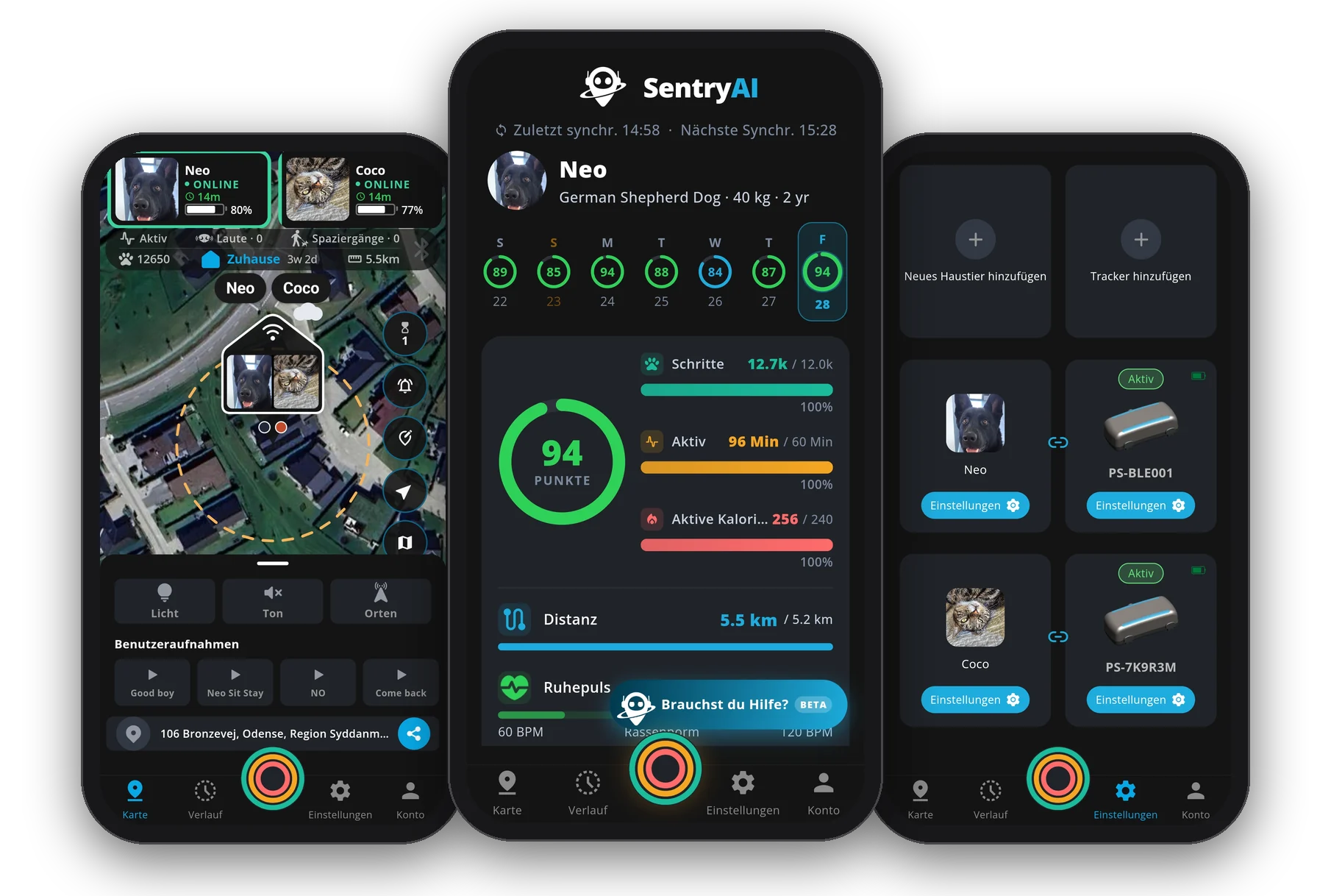 PawSentry Mobile App, Live-Karte, Gesundheitseinblicke und Einstellungen