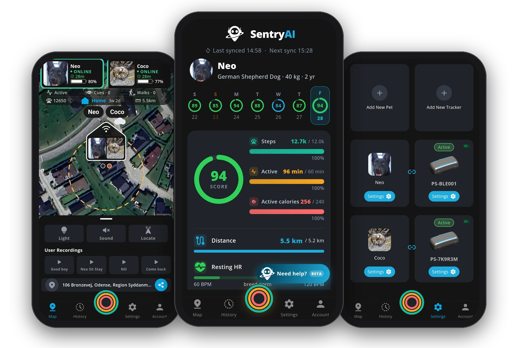 Мобилно приложение PawSentry, карта на живо, здравни данни и настройки