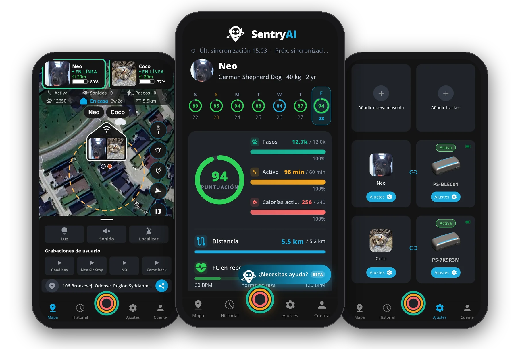 Aplicación móvil PawSentry, mapa en vivo, datos de salud y ajustes