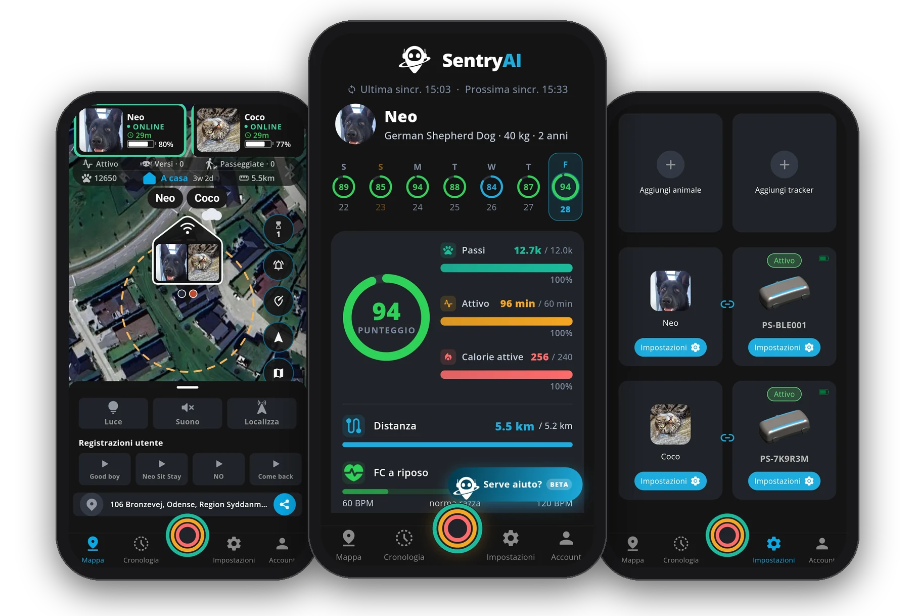 App mobile PawSentry, mappa in tempo reale, dati sulla salute e impostazioni