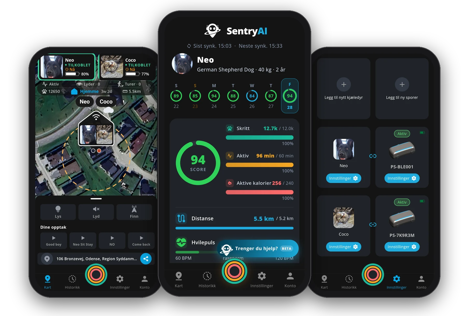 PawSentry-mobilapp, livekart, helseinnsikt og innstillinger