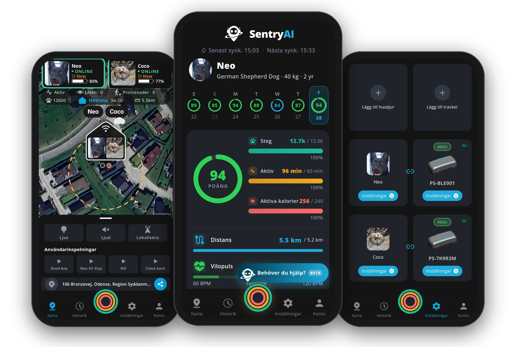 PawSentry-mobilapp, livekarta, hälsoinsikter och inställningar
